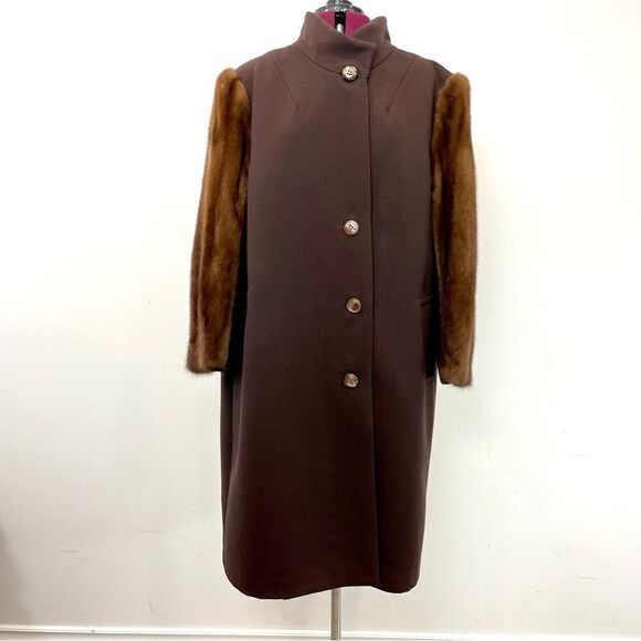 Vintage 1960s Brown Wool & Mink Collar Coat 60s  Winter Coat Diane Original XL - Picture 2 of 14